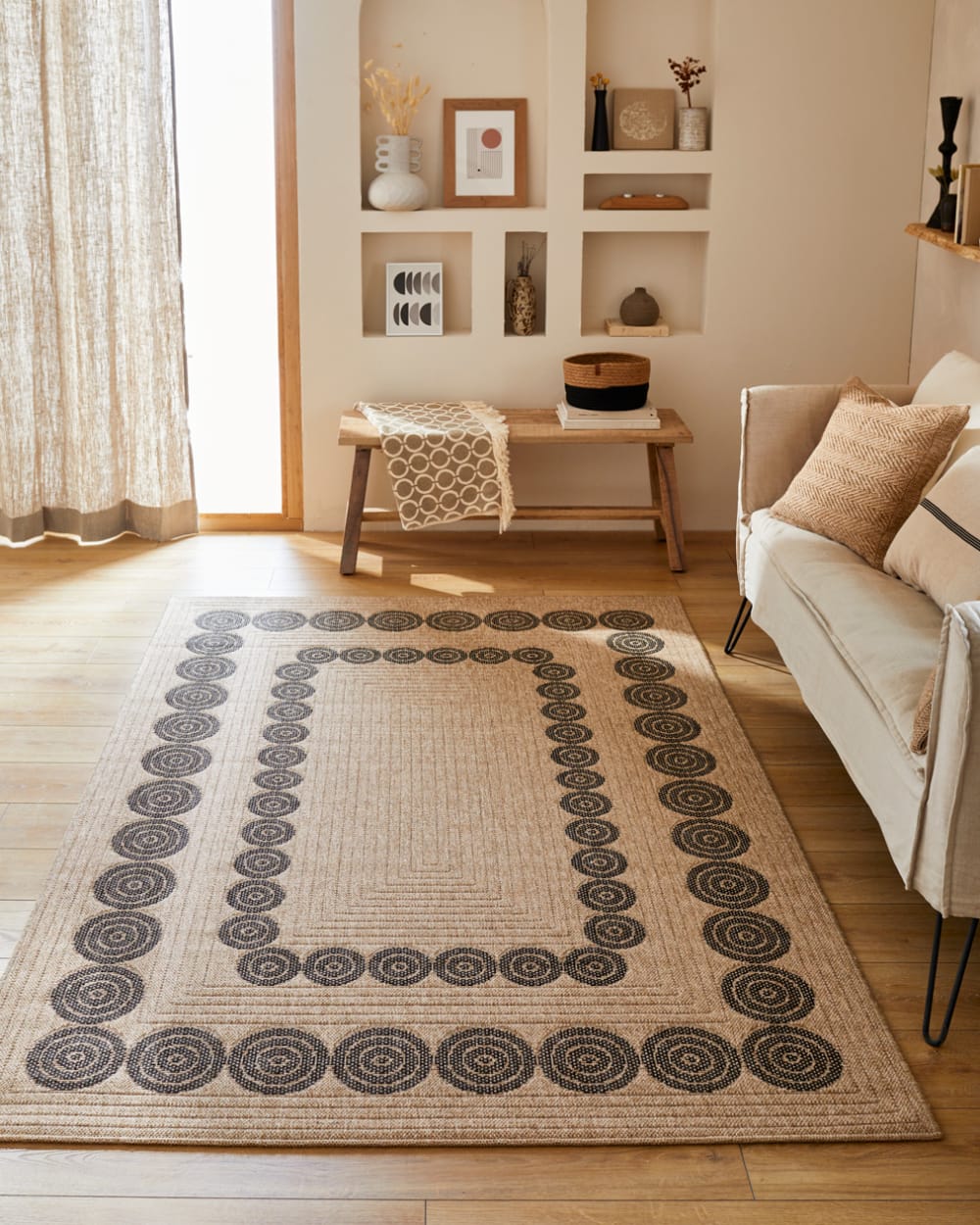Tapis intérieur et extérieur effet jute motif géométrique noir 200x290 — vue 3