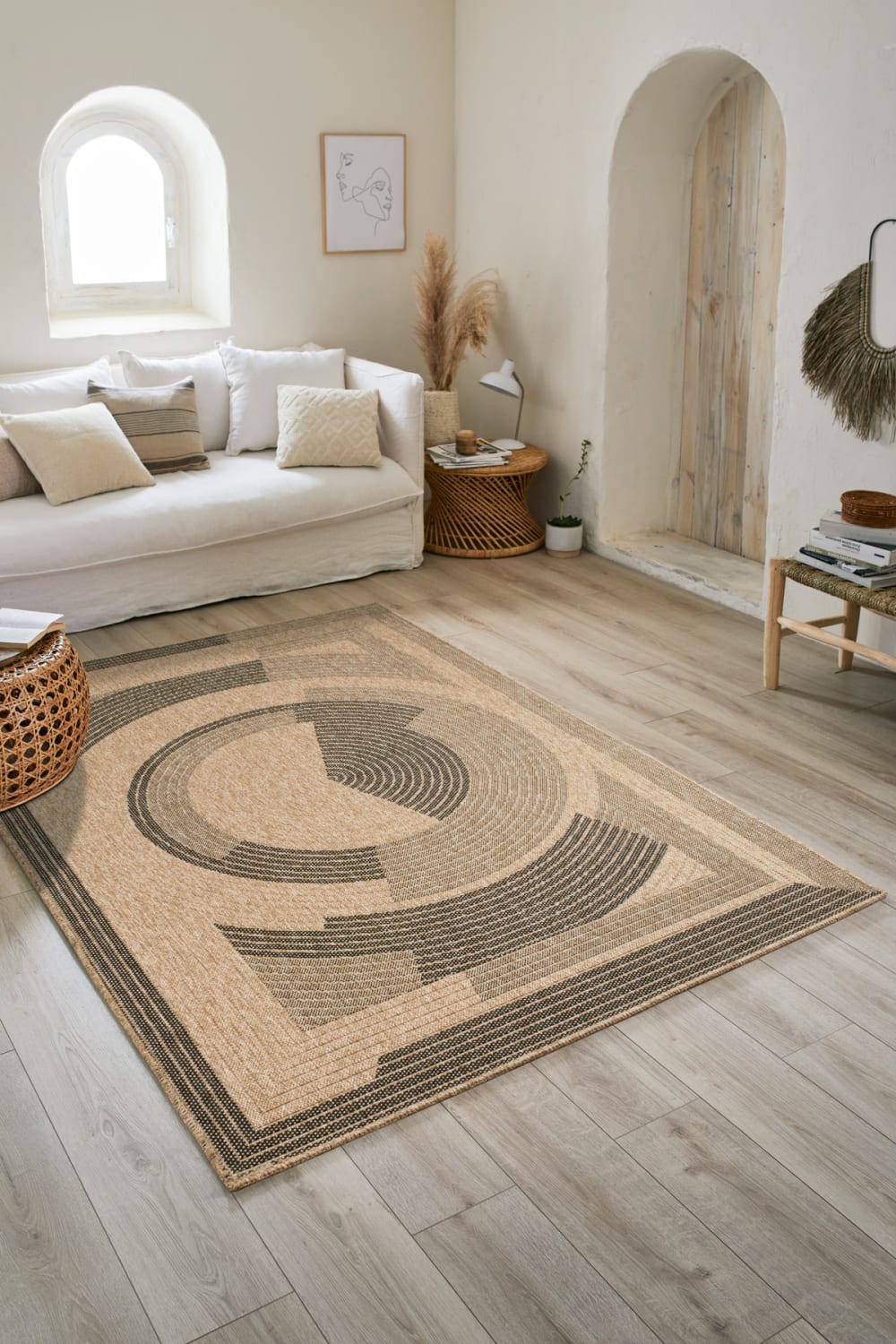 Tapis intérieur et extérieur effet jute motif abstrait noir 200x290