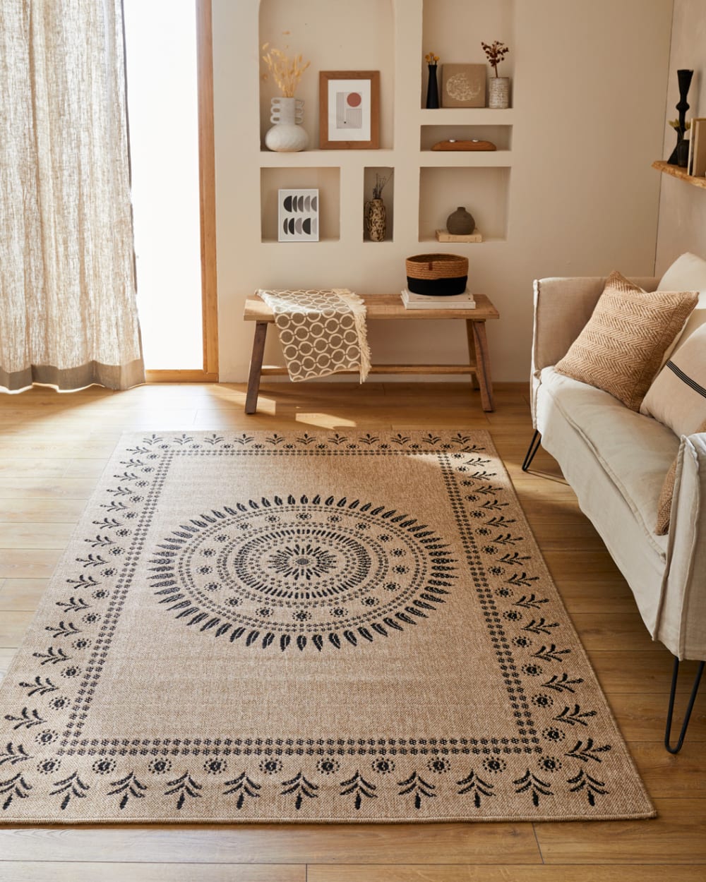 Tapis intérieur et extérieur effet jute motif oriental noir 160x230 — vue 3