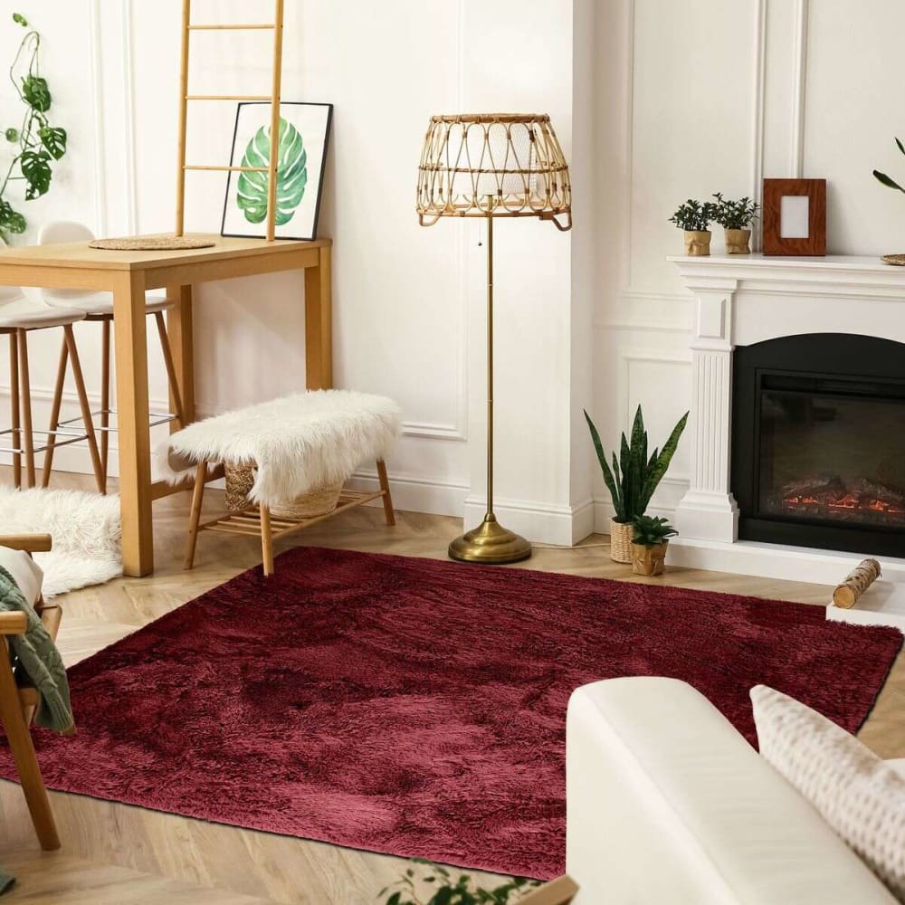 Alfombra de pelo largo extrasuave rojo borgoña 120x170