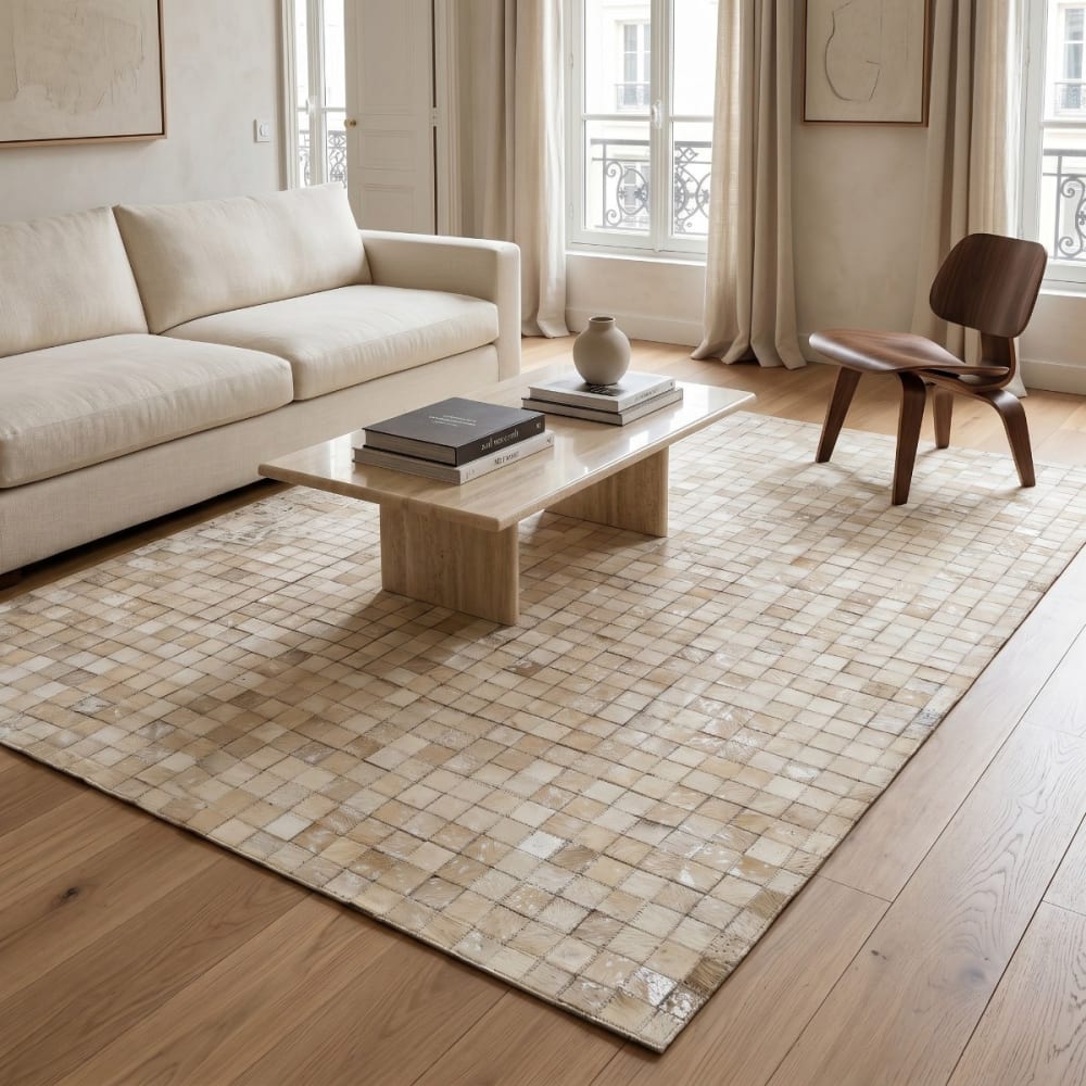 Tapis en cuir recyclé damier blanc 120x170