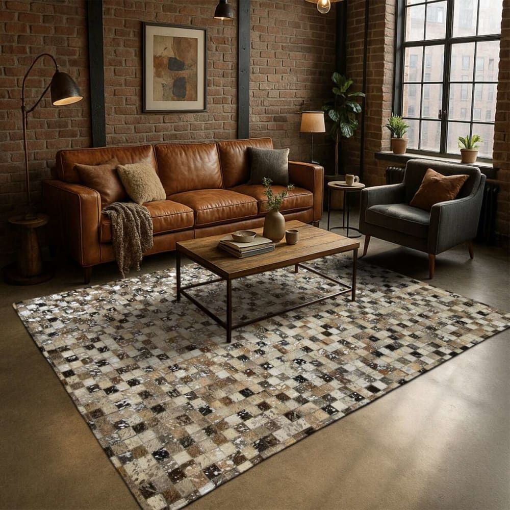 Tapis recyclé cuir motif damier gris clair 120x170