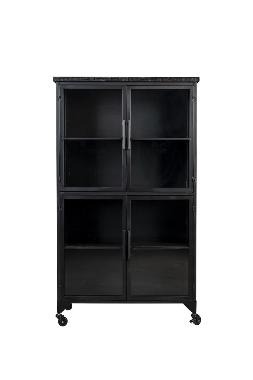 Mathi Design Hohe Vitrine aus Stahl und Holz mit Rollen H 133 style vintage Schwarz Stahl