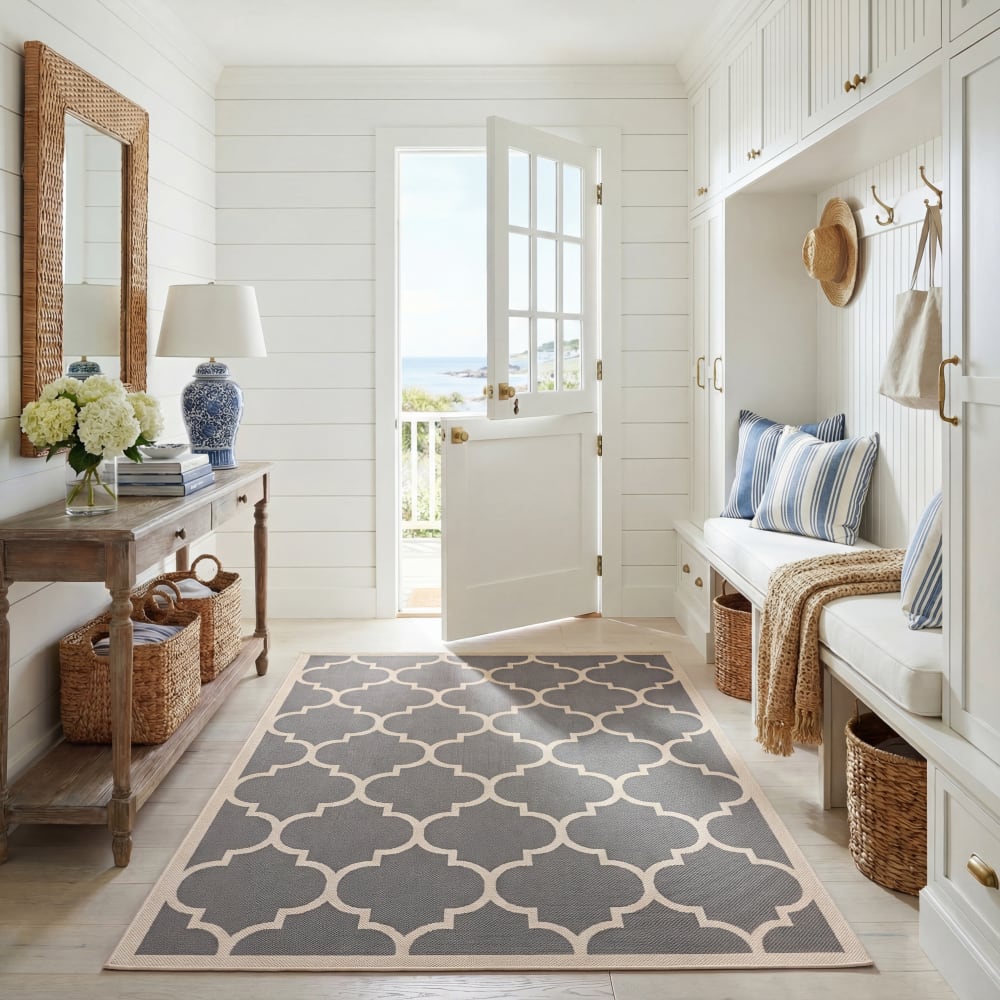 Tapis treillis en polypropylène gris/beige, 122 x 170 cm - Maisons du Monde