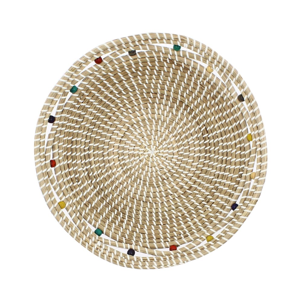Corbeille ronde en jonc de mer et perles de bois 37cm