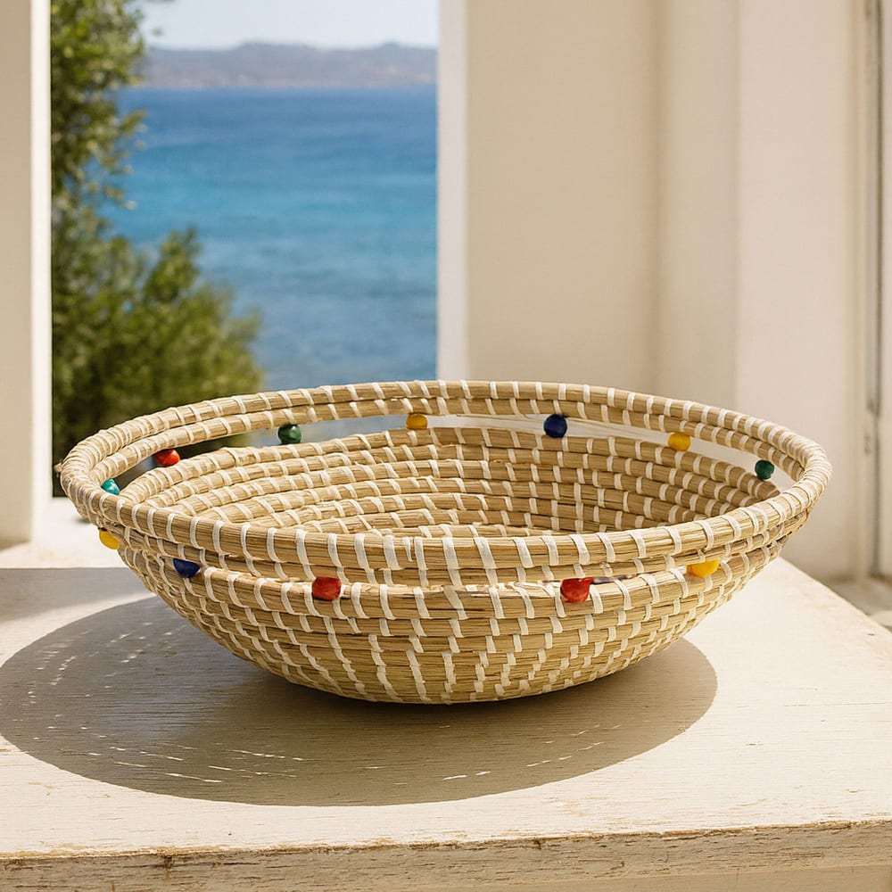 Corbeille ronde en jonc de mer et perles de bois 37cm — vue 3
