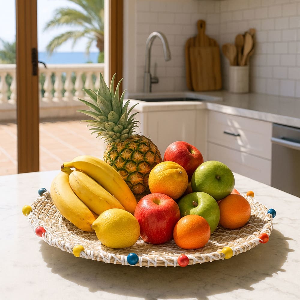 Panier rond en jonc de mer et perles de bois 40cm — vue 3