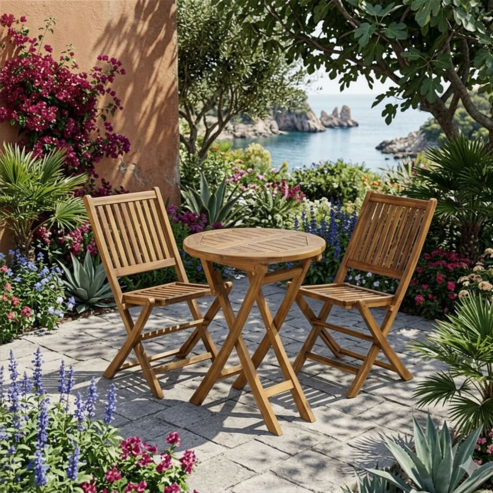 Conjunto de 2 sillas plegables y mesa de jardín de teca 60 cm - Maisons du Monde
