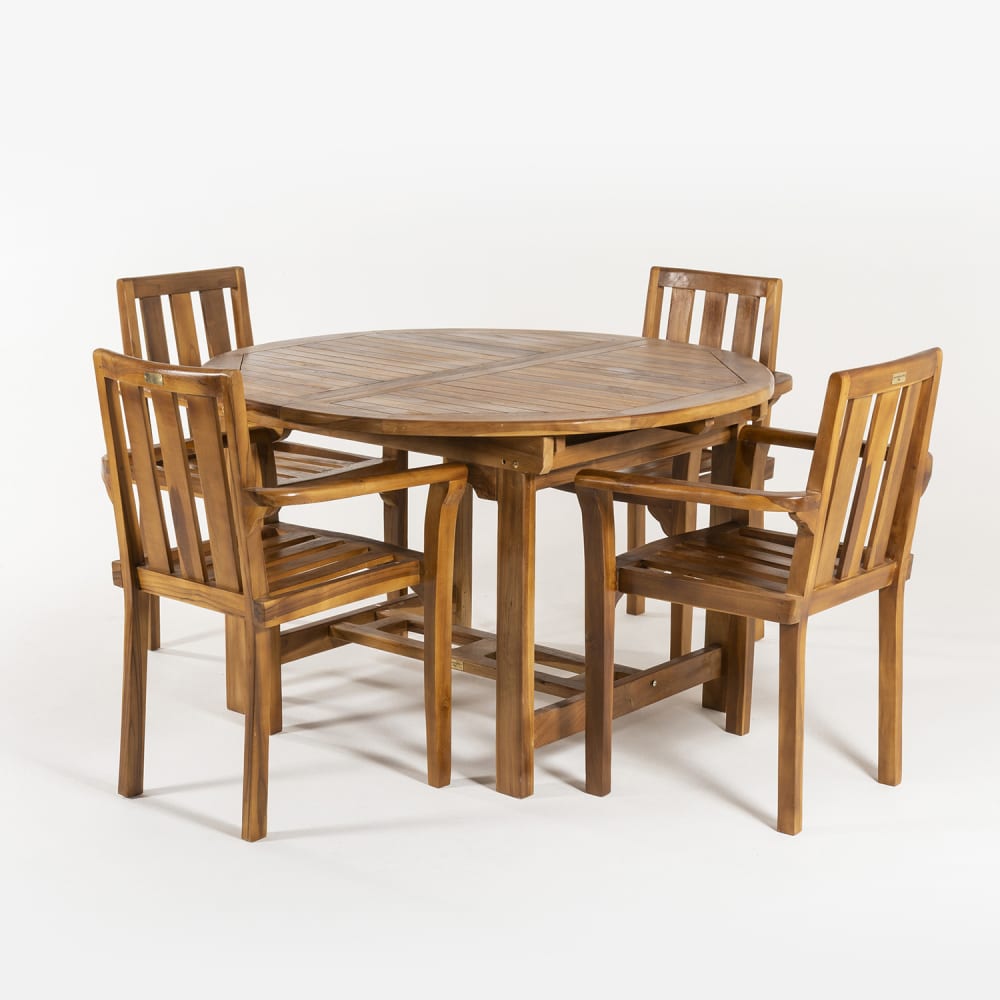 Conjunto de 4 sillones apilables y mesa de teca extensible 120 -180 cm