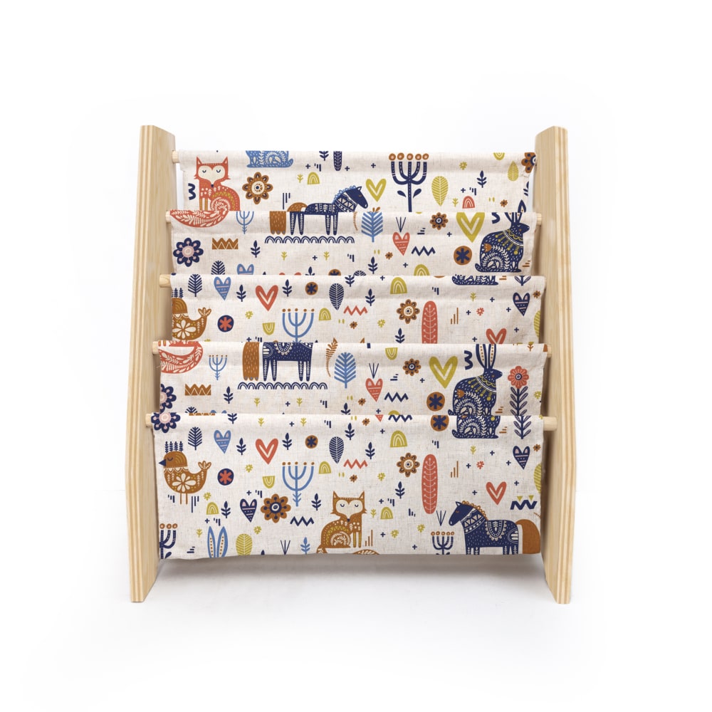 Librería contrachapado pino y textil estampado