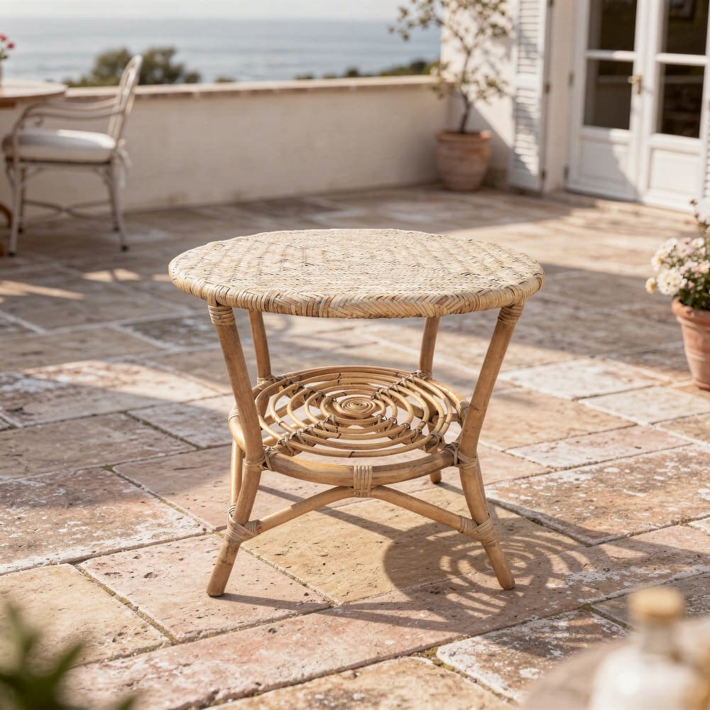 Table basse guéridon en rotin naturel tressé