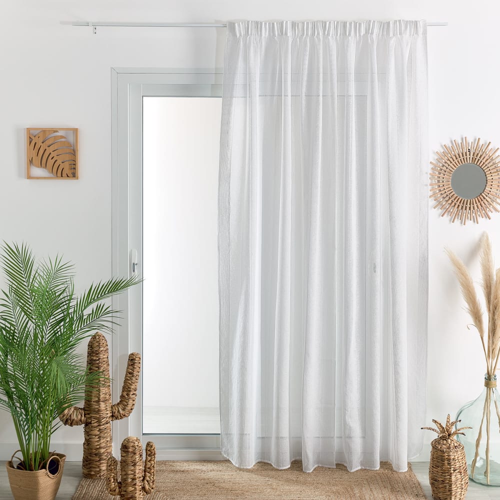 Voilage uni à galon fronceur et rayures fantaisie polyester blanc