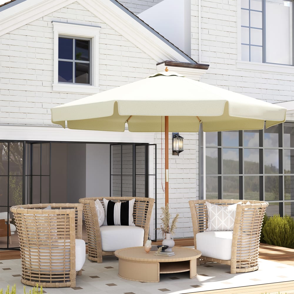 Parasol de jardin droit rond grande taille bambou polyester beige
