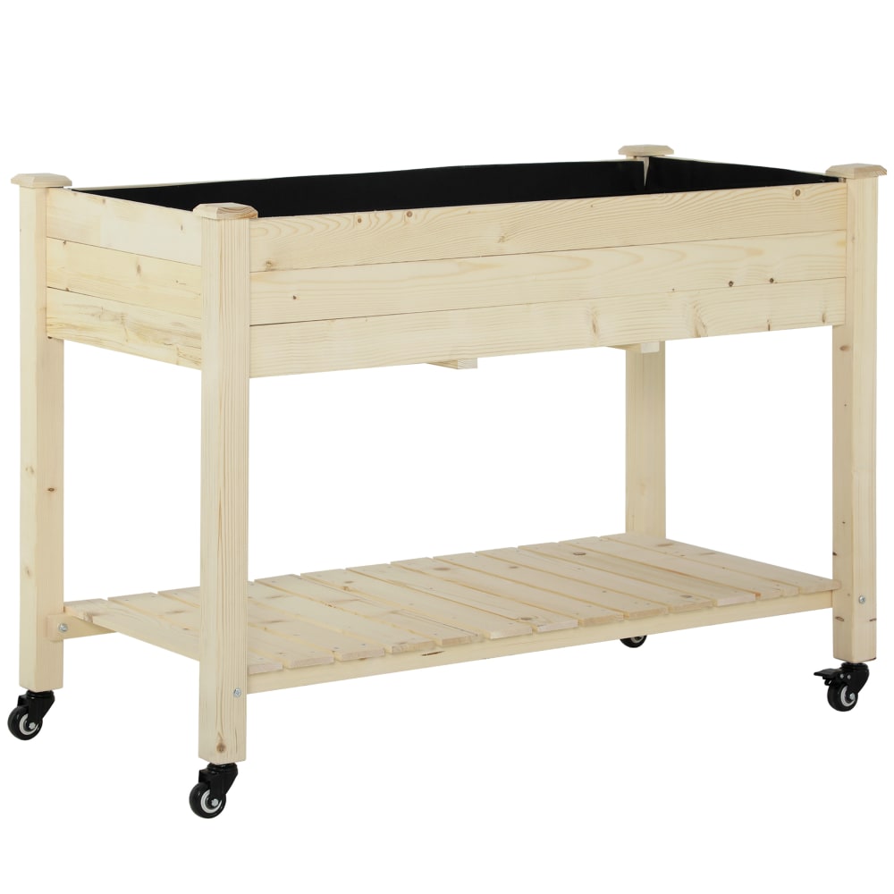 Jardinière sur pieds roulettes avec étagère bois sapin