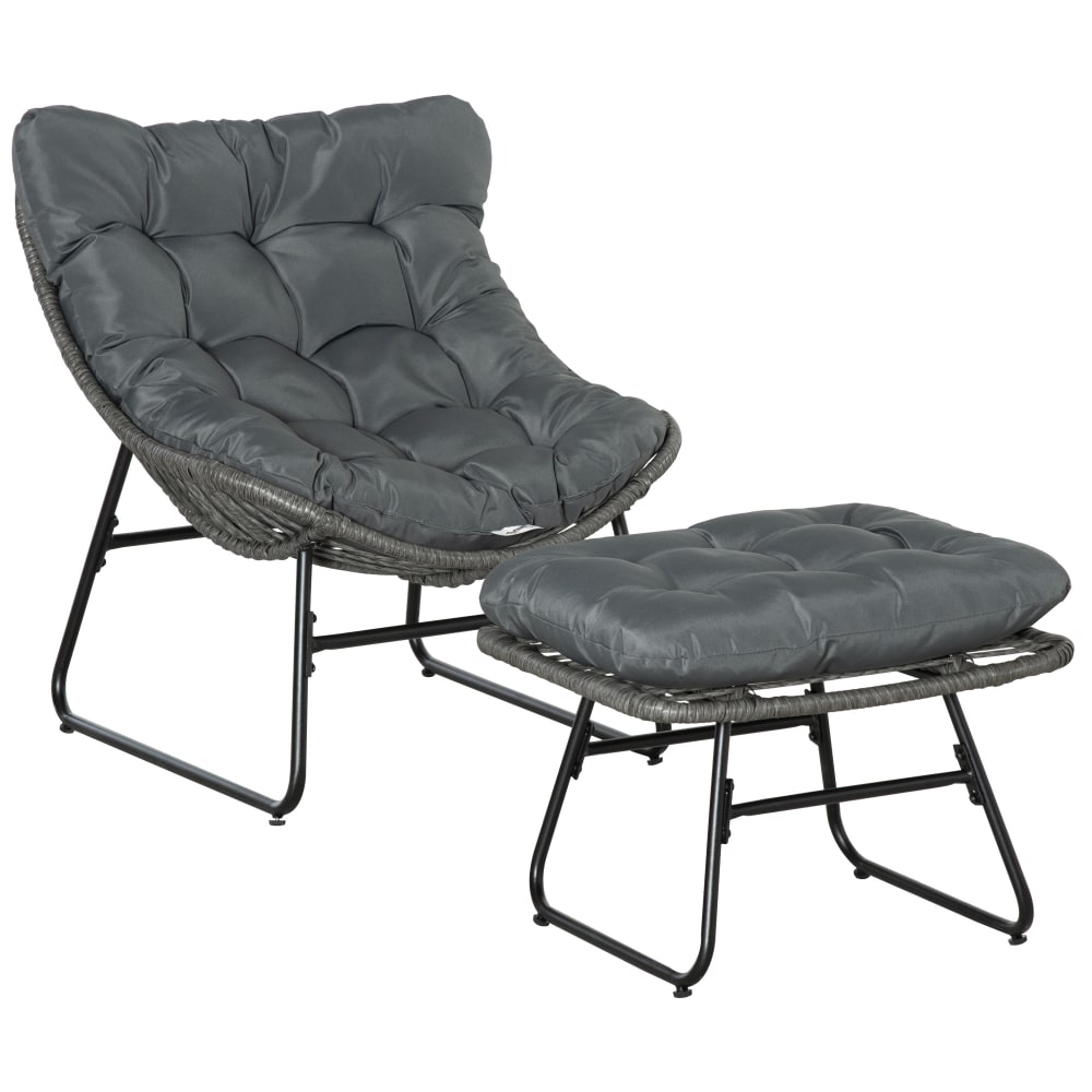 Fauteuil de jardin avec repose-pieds et coussins métal résine gris