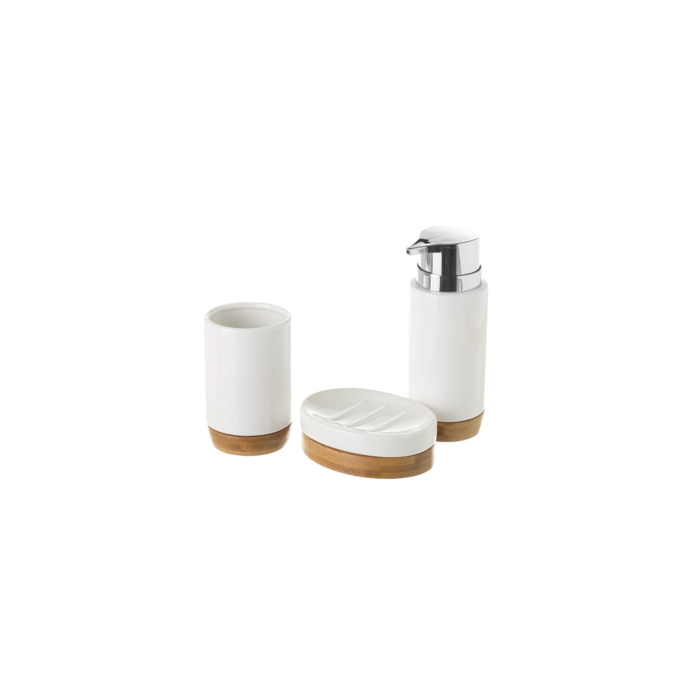 Set salle de bain céramique blanche et bambou - 3 pièces