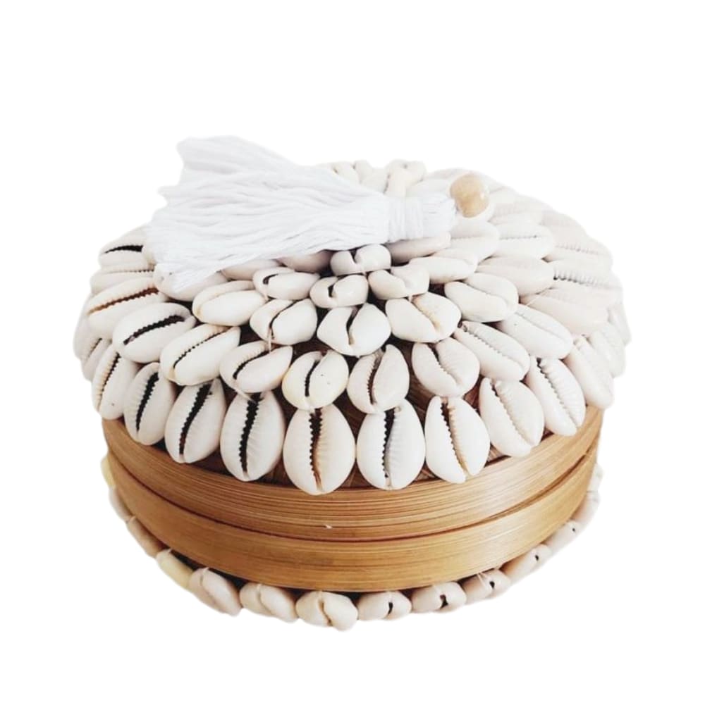 Boîte en bambou et coquillages, beige 16x10 cm