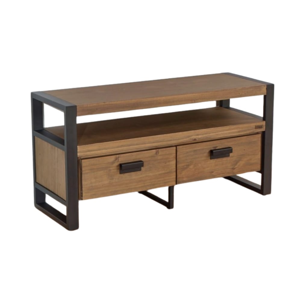 Meuble tv style contemporain en pin et métal, 2 tiroirs teinte fonçée