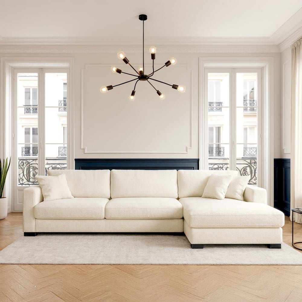 Canapé d'angle à droite convertible 5 places en tissu bouclette beige