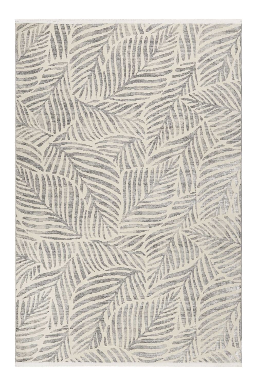 Alfombra tejida con pelo corto follaje gris y beige con flecos 200x290