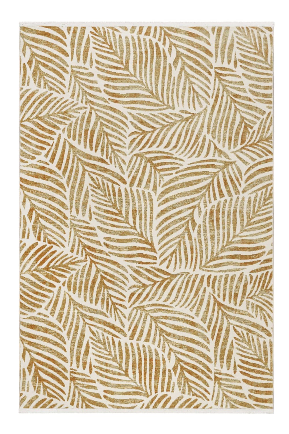 Tapis tissé plat thème feuillage doré fond beige à franges 80x150