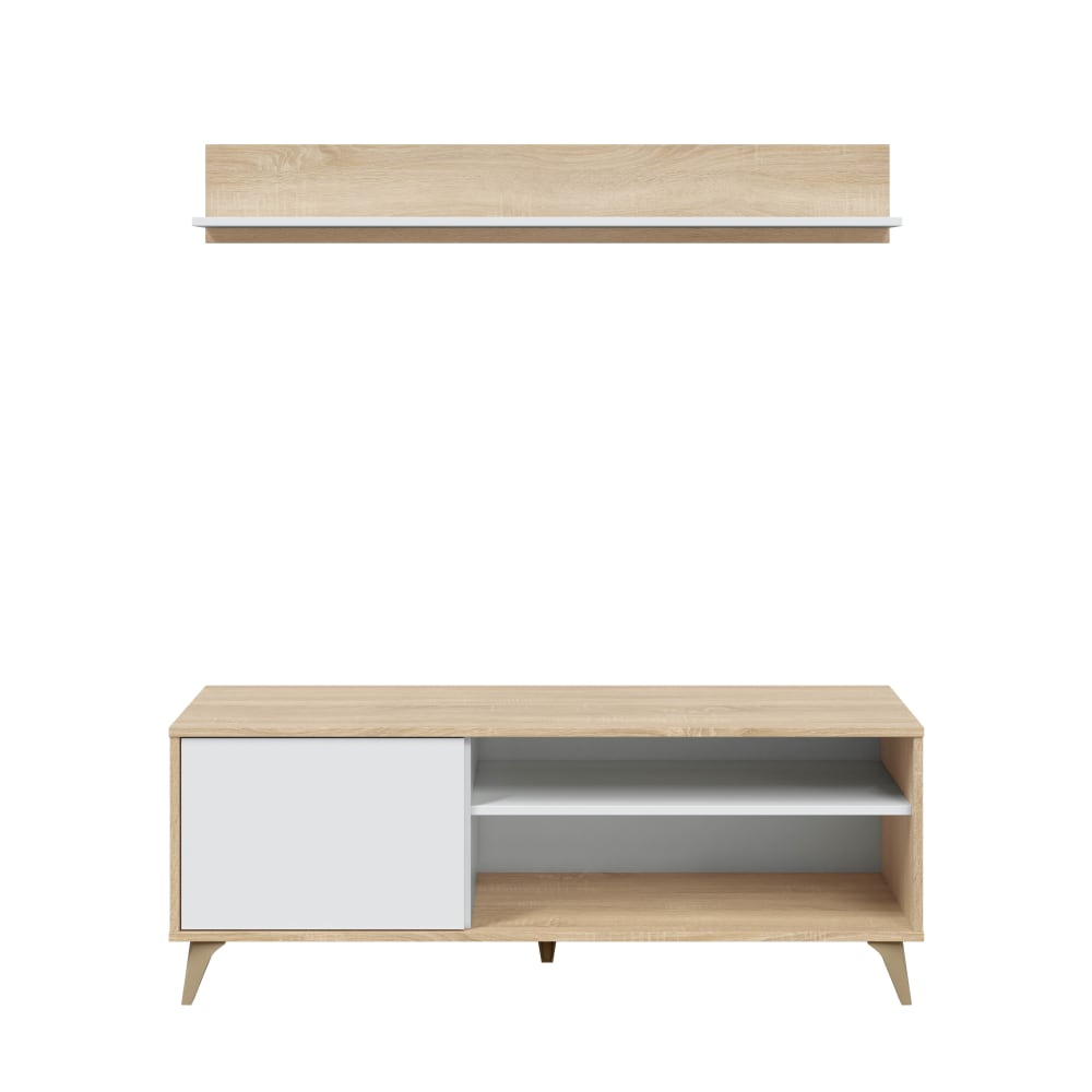 Meuble tv 1 porte avec étagère, couleur chêne/blanc, 135 cm longueur