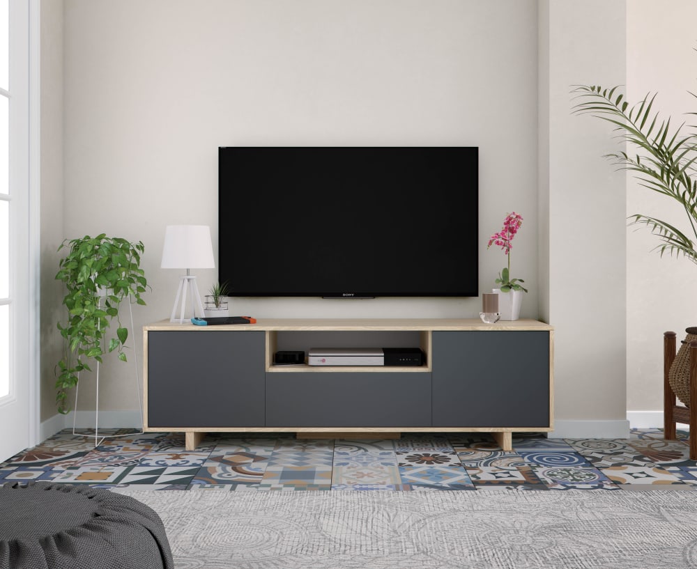Meuble tv 3 portes couleur chêne et gris, 150 cm longueur
