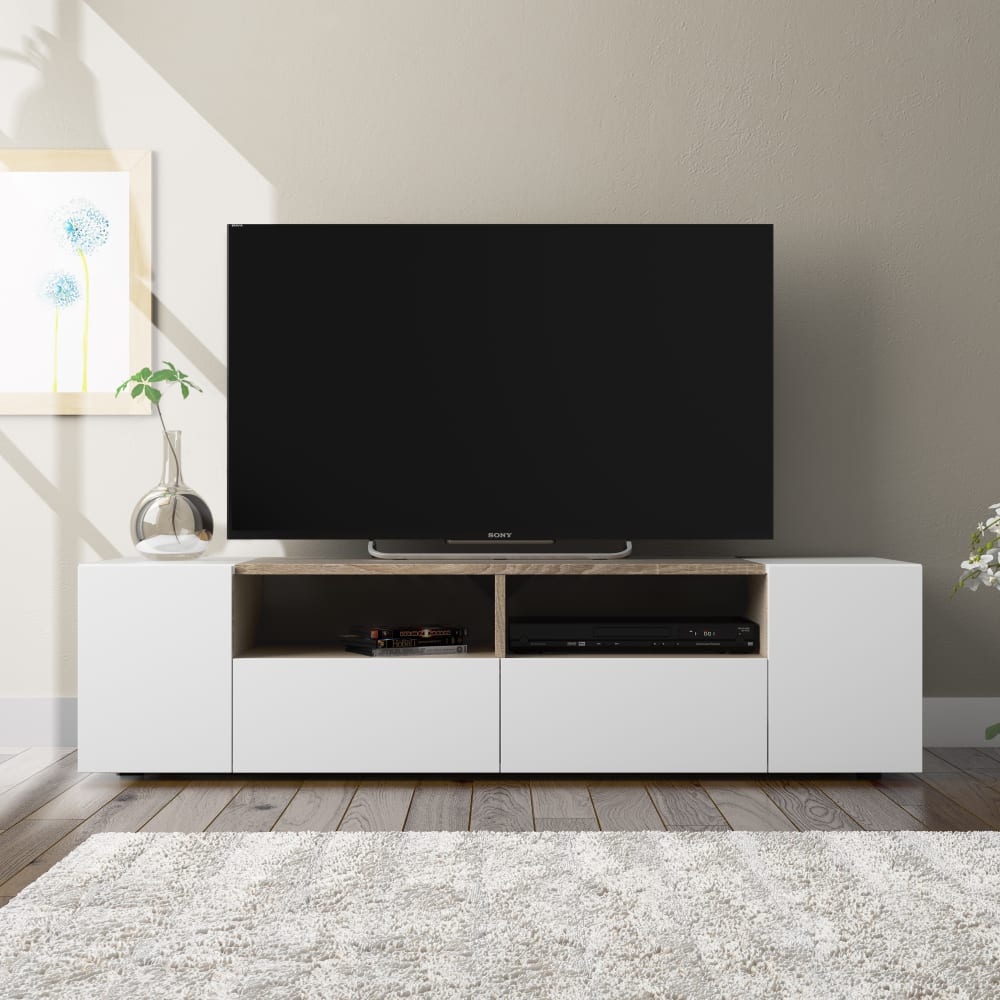 Meuble tv 4 portes couleur blanc et chêne, 138 cm longueur