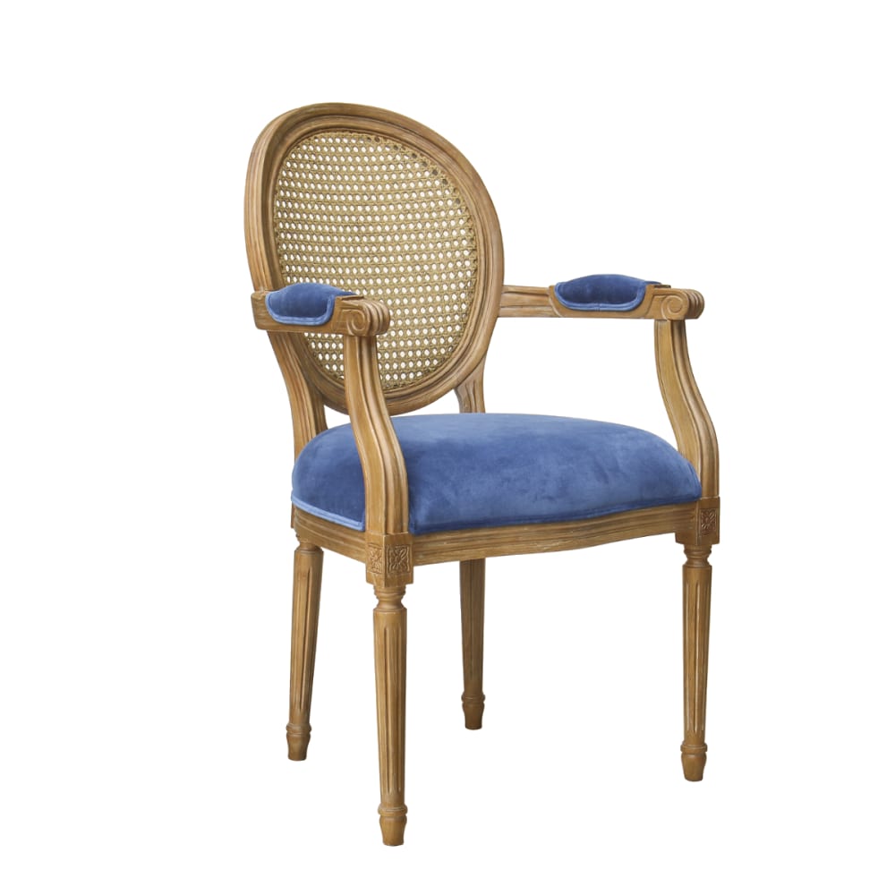 Fauteuil de table style classique en hévéa, cannage et bleu orage