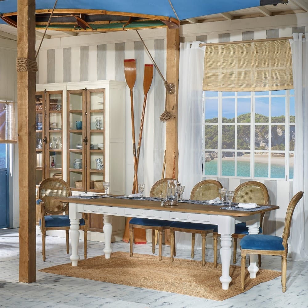 Fauteuil de table en hévéa, cannage et velours bleu orage