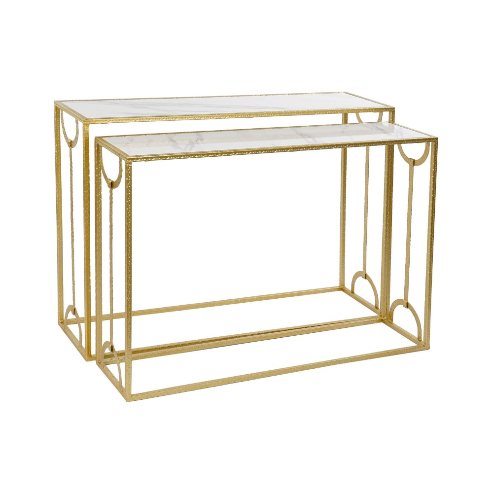 Set de 2 Consoles métal doré et plateaux marbre - 110x32.5x83.5cm