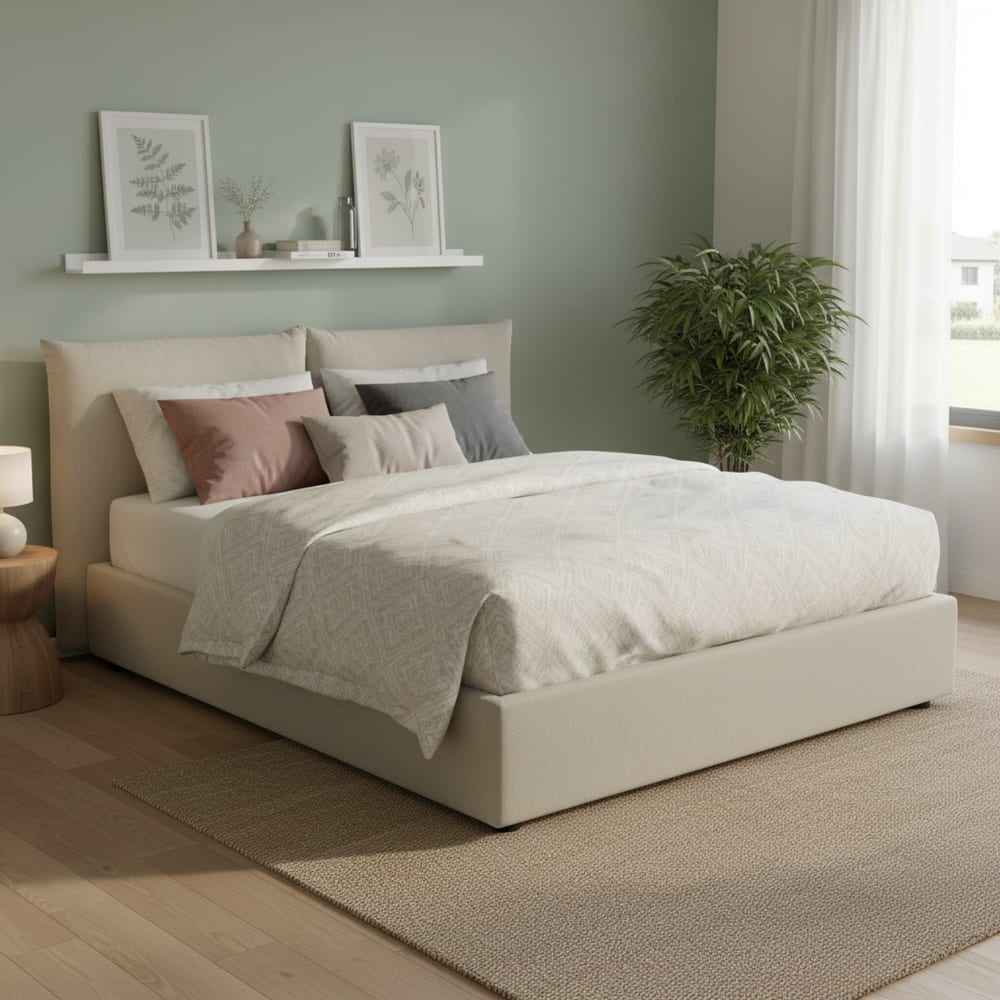Lit double en tissu beige 160x190 cm - Maisons du Monde