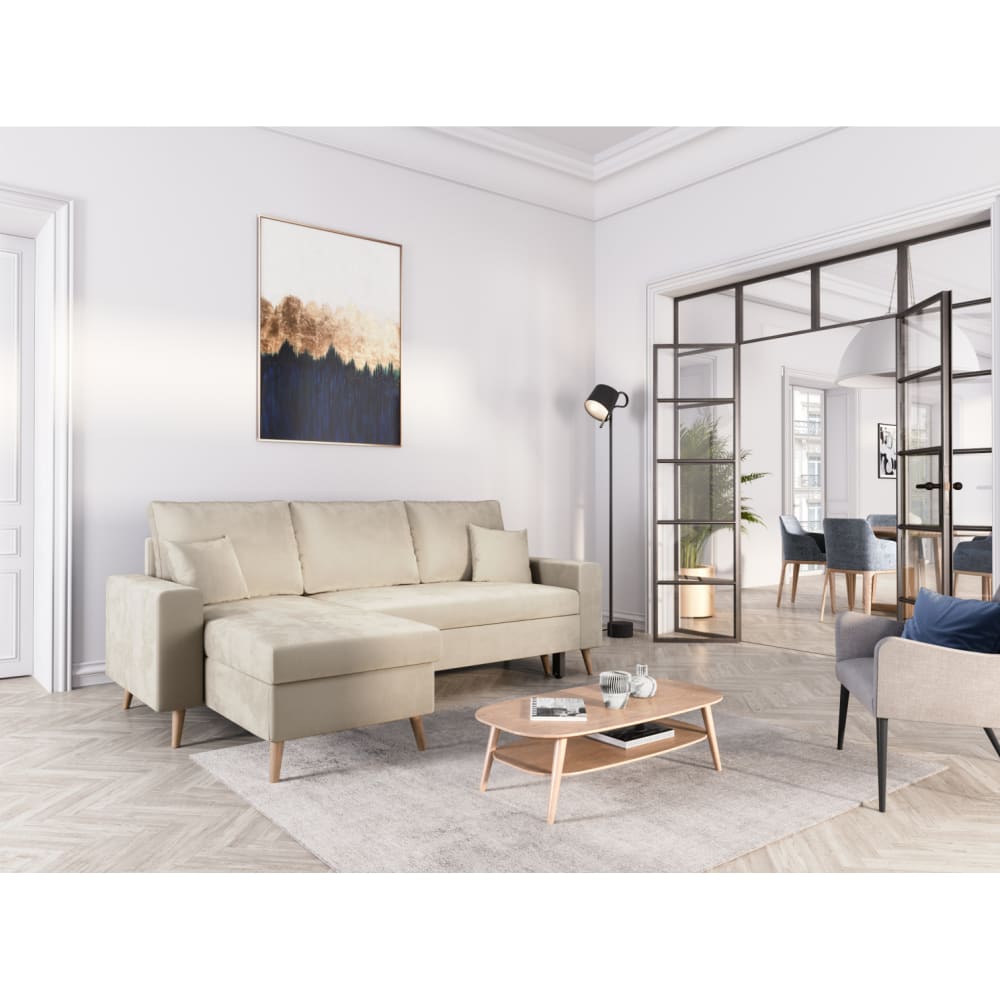Canapé d'angle velours réversible et convertible avec coffre - beige - Maisons du Monde