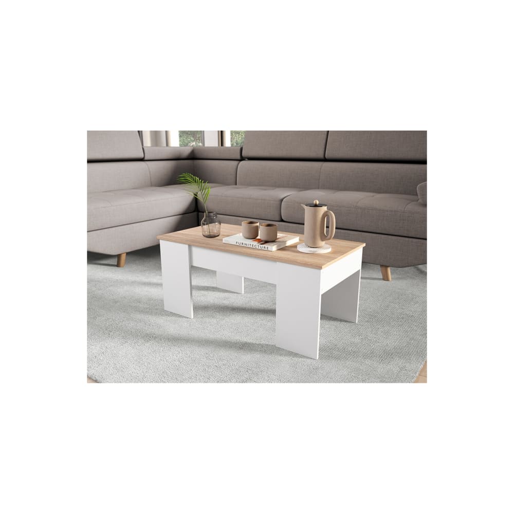 Table basse avec plateau relevable et rangement - Blanc / Bois