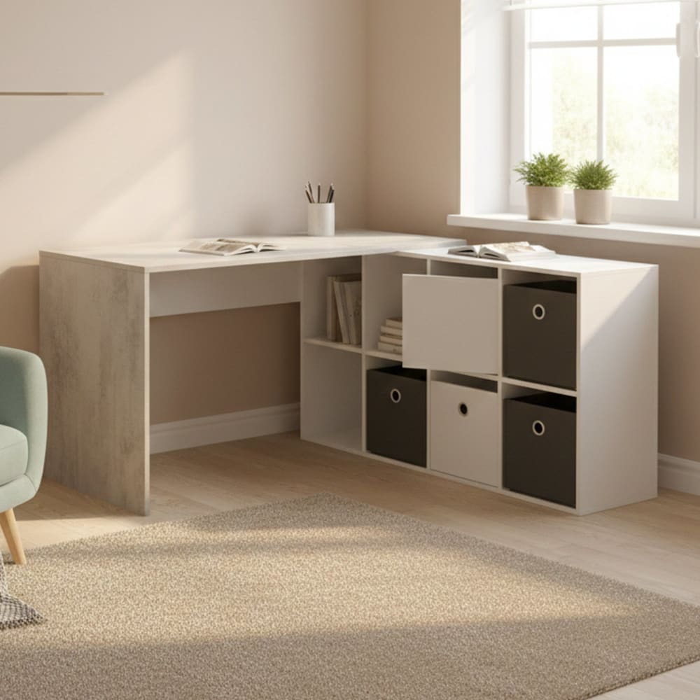 Bureau effet bois blanc, ciment 136x139 cm - Maisons du Monde