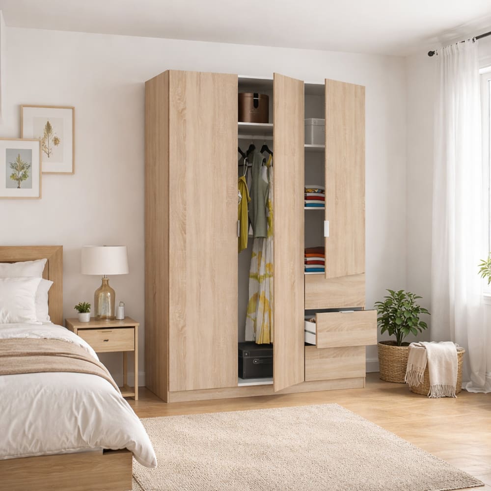 Armoire 3 portes effet bois beige 135x52 cm - Maisons du Monde