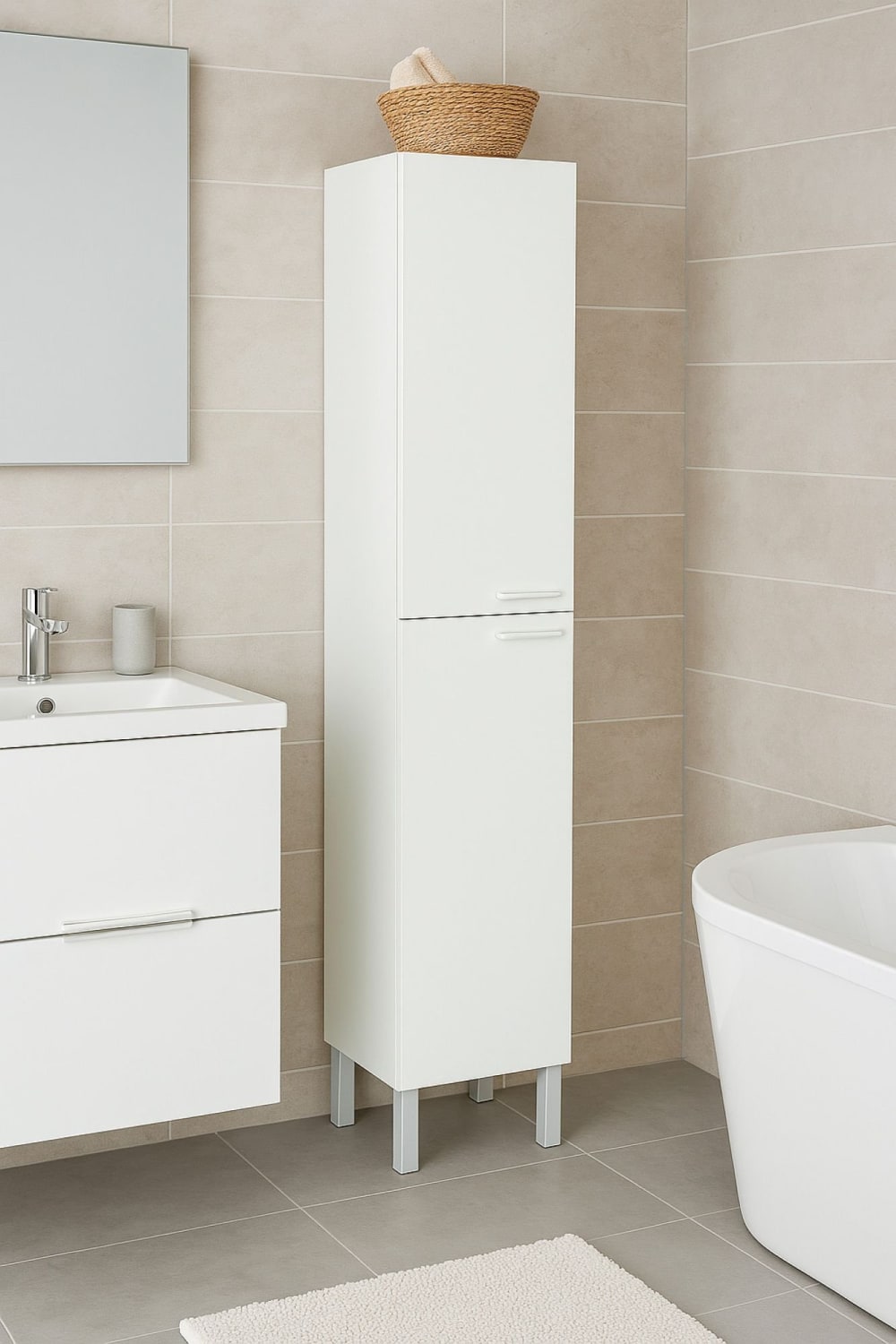 Hochglanzweißer Säulenschrank in Holzoptik, 30 x 25 x 182 cm -