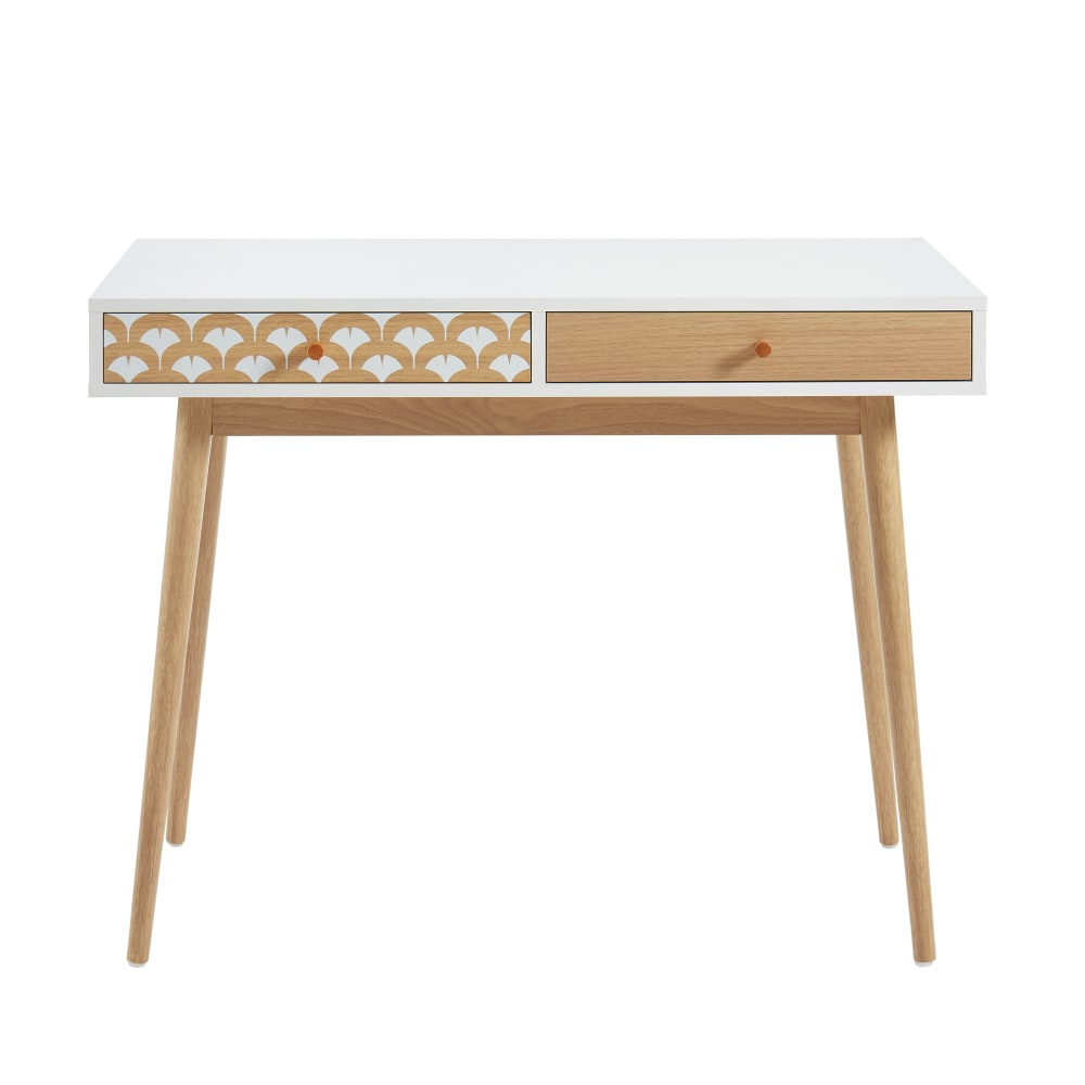 Bureau  blanc et effet bois et chêne 2 tiroirs 100cm