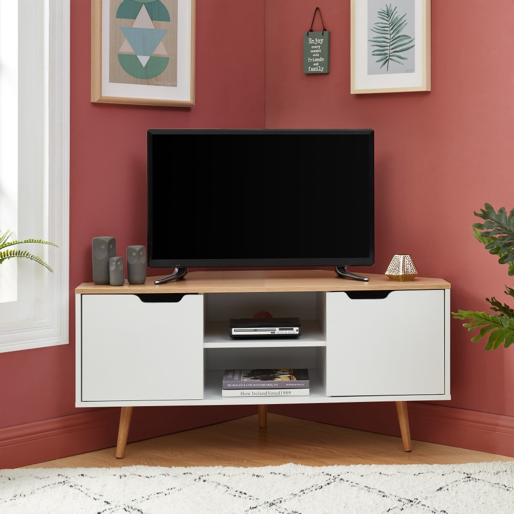 Meuble tv d'angle   blanc et effet bois et chêne  2 portes 115cm