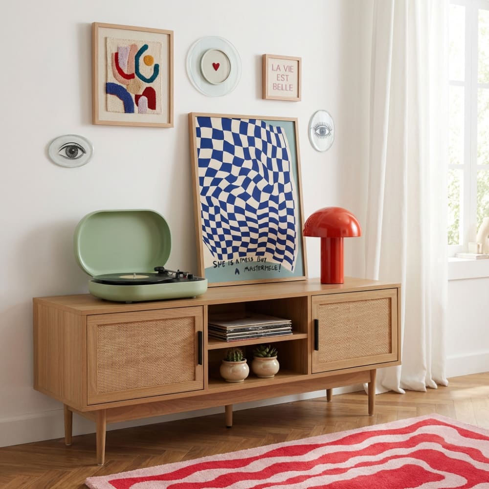 Meuble tv  effet chêne et cannage rotin 130cm