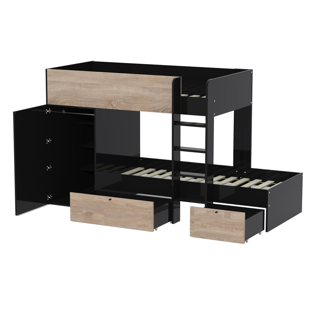 Lit superposé 90x190 cm avec 2 sommiers, 2 tiroirs et armoire (Weber industries) - Image 2