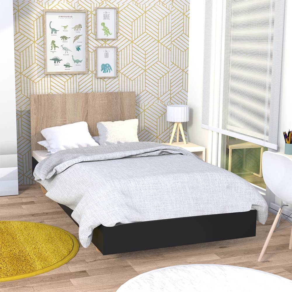 Lit effet bois noir et chêne 90 x 190 cm (CAMIF) - Image 1