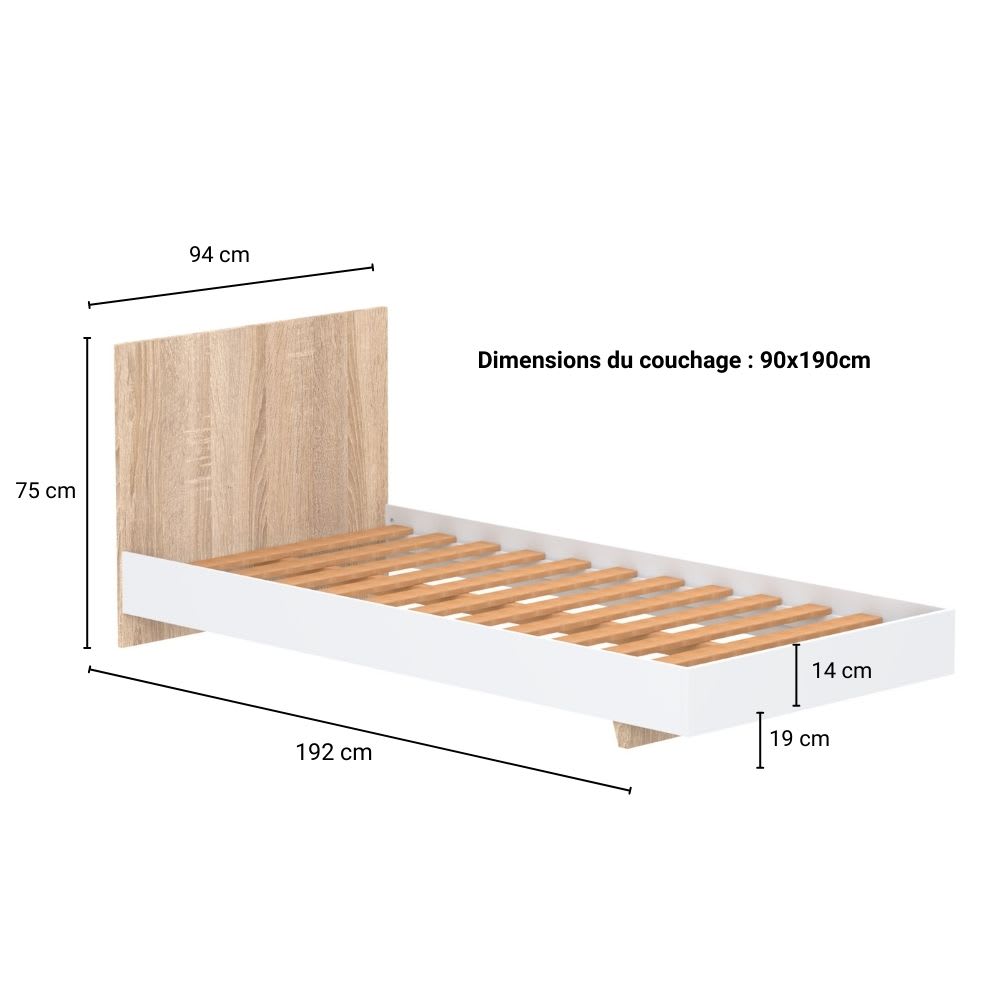 Lit effet bois blanc et chêne 90 x 190 cm (CAMIF) - Image 2