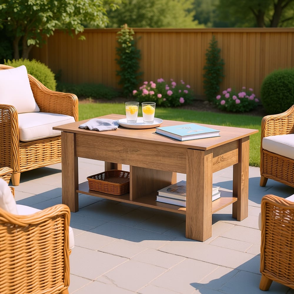 Mesa de jardín con tablero elevable de madera y estante.