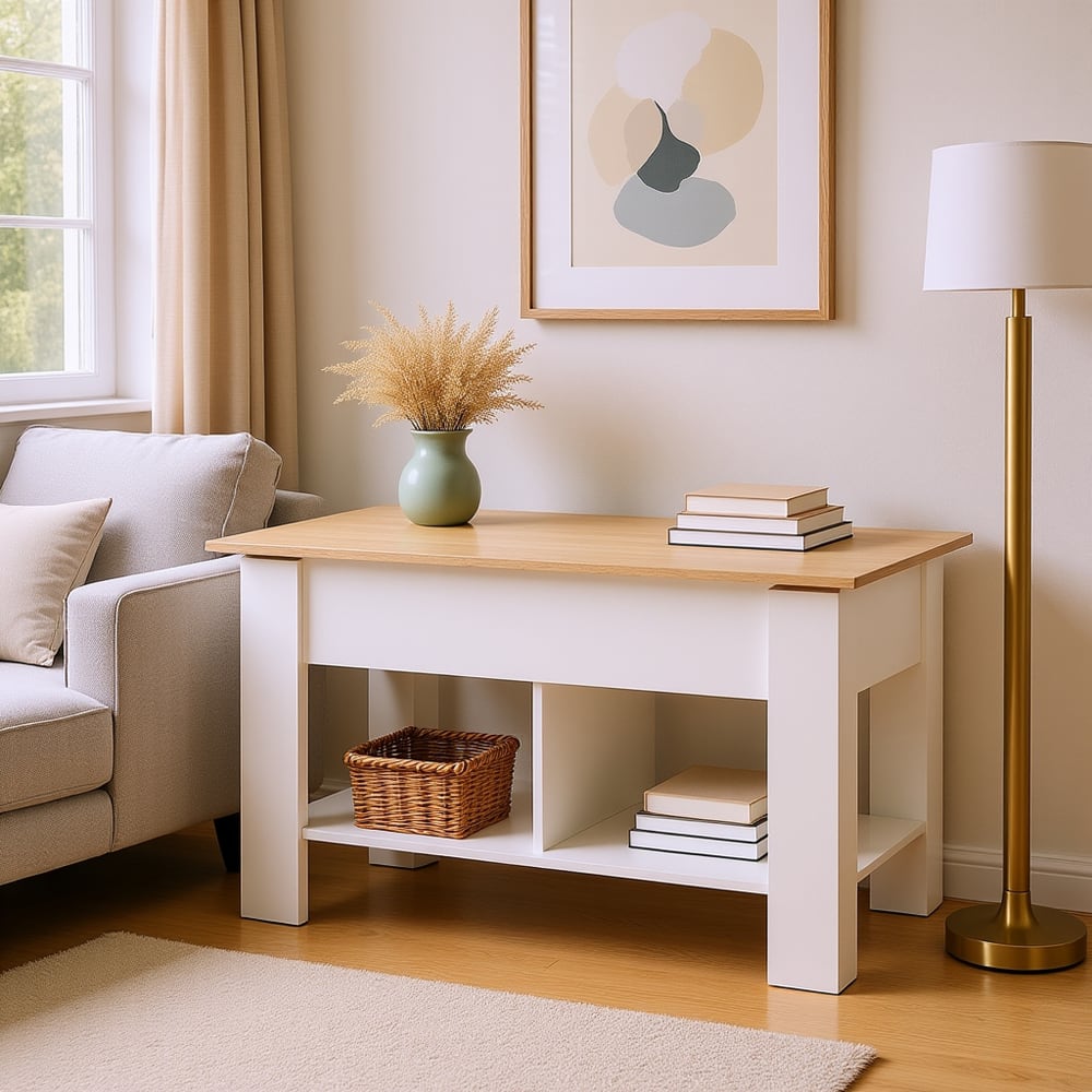 Console blanche avec plateau relevable bois avec rangements