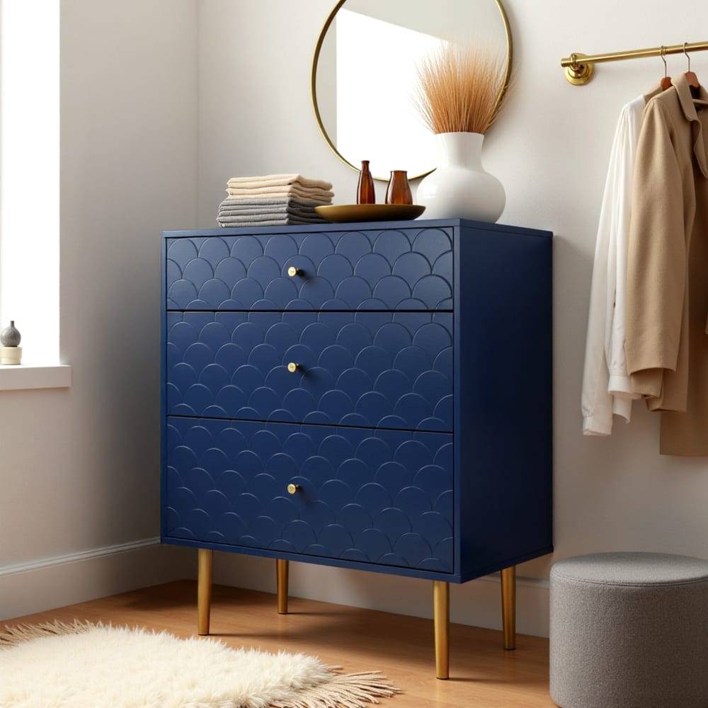 Petite armoire bleu foncé 3 tiroirs avec pieds dorés