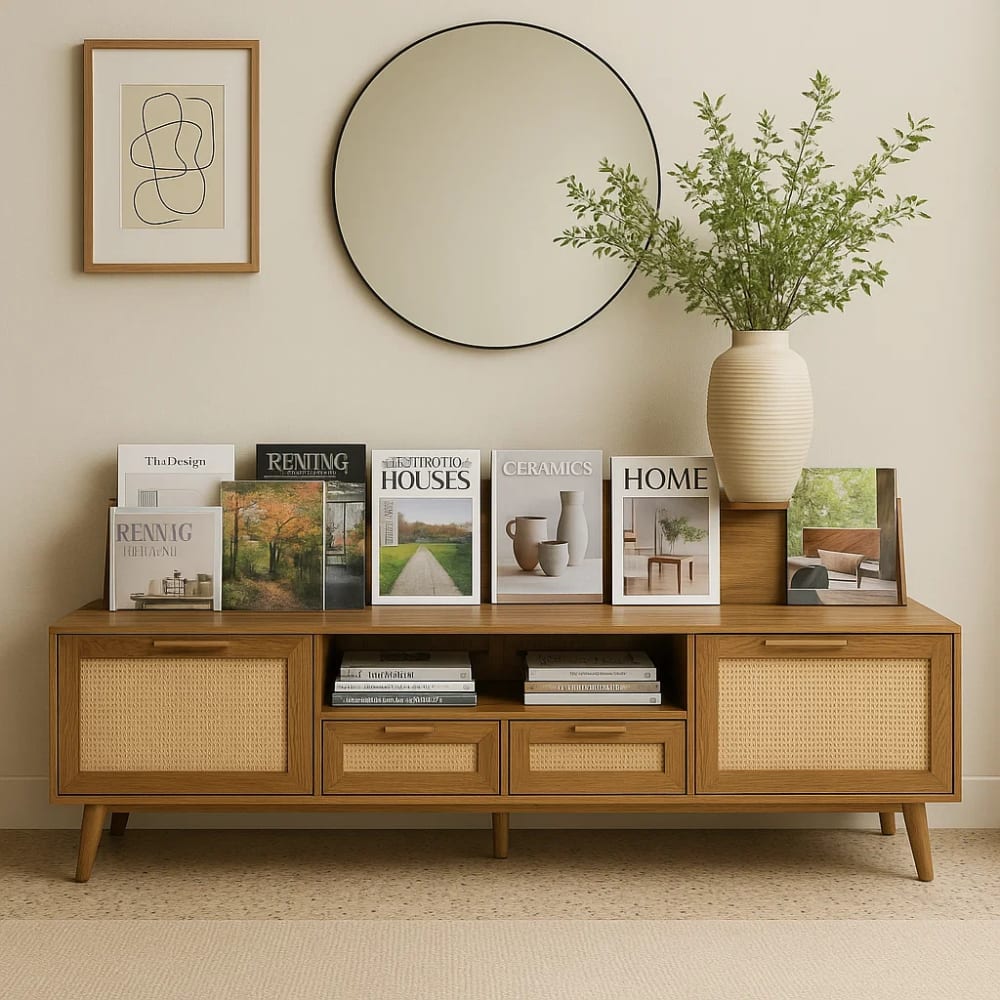 Meuble porte-revues en bois avec façades en rotin et rangements