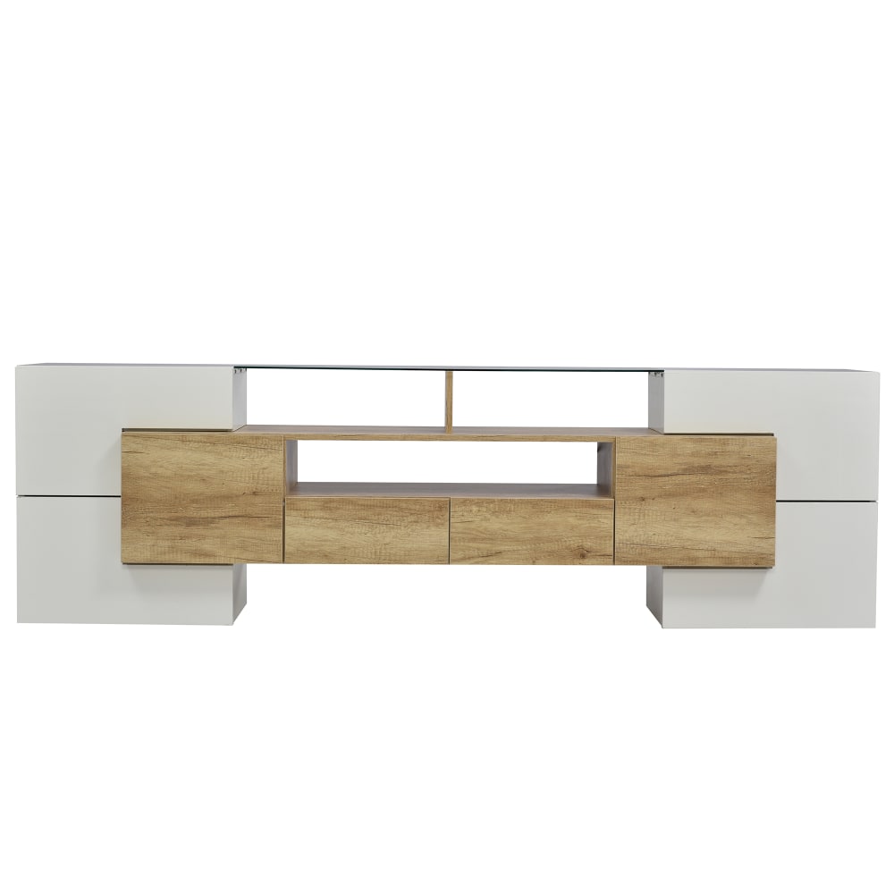 Table Console Moderne en Bois Naturel et Blanc avec Rangements