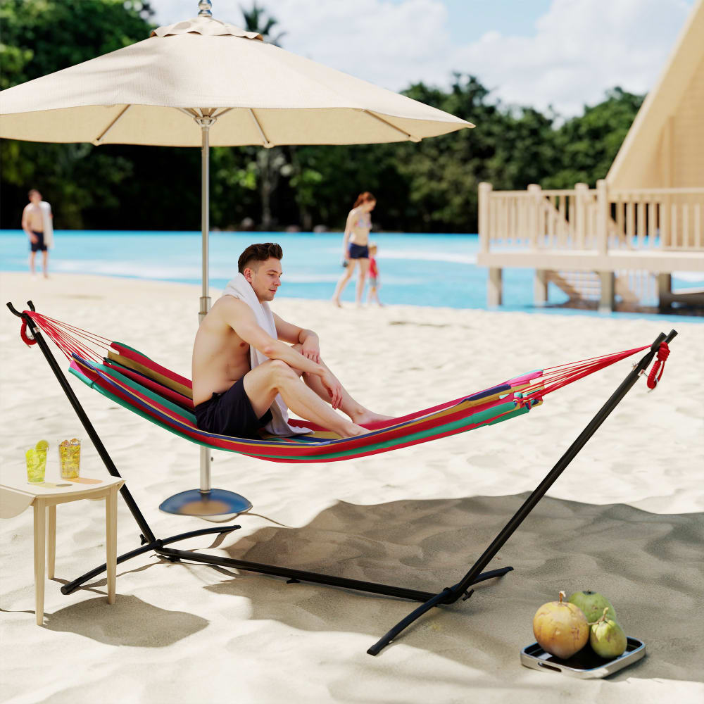 Hamac de jardin 1 place avec support et sac transport rouge