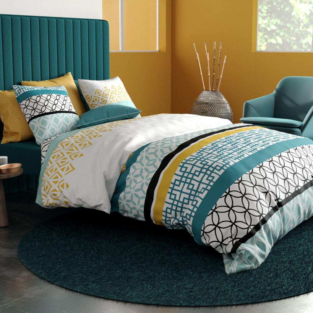 Parure housse de couette coton imprimée + 2 taies 240x220 cm